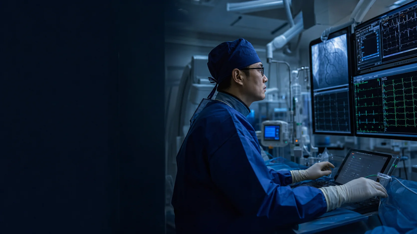 Cardiologist reviewing cardiac monitoring equipment in a catheterization laboratory